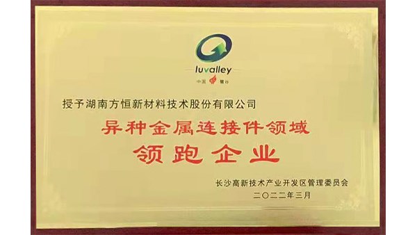 方恒新材榮獲【異種金屬連接件領(lǐng)域領(lǐng)跑企業(yè)】稱號(hào)！